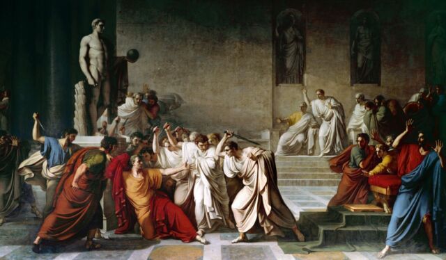 The death of Julius Caesar in the Roman Senate—painting by Vincenzo Camuccini (1771-1844) Napoli, Museo Nazionale di Capodimonte.
