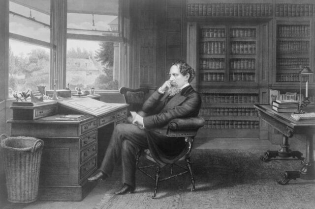 British novelist Charles Dickens in his study in Gads Hill near Rochester, Kent, circa 1860.