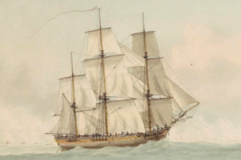 Painting by Samuel Atkins of the HMS <em>Endeavour</em> off the coast of New Holland during Cook's voyage of discovery (1768-1771). 