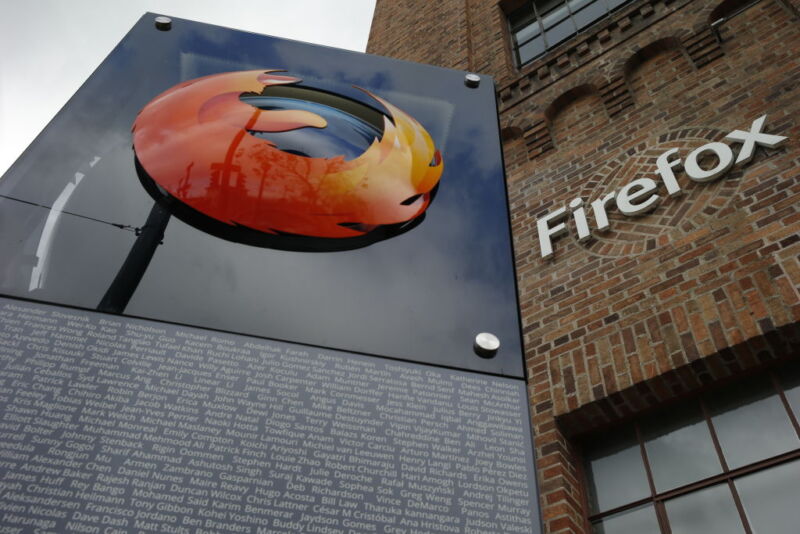 Exterior of brick building with Firefox and Mozilla signage.