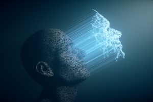 Illustration of a man's face being scanned with advanced technology.
