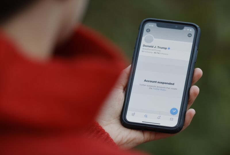 President Trump's banned Twitter account seen on the display of a smartphone.