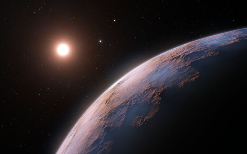 Imagem da curva de um planeta, com uma estrela fraca ao fundo.