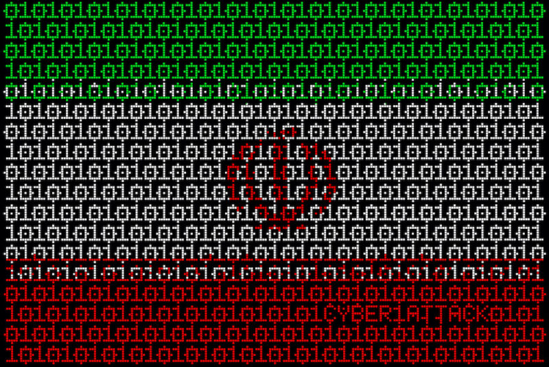 Stylized version of Iranian flag made of ones and zeroes.