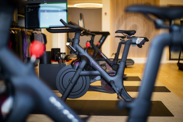 A Peloton stationary bike for sale at the company's showroom in Dedham, Massachusetts.