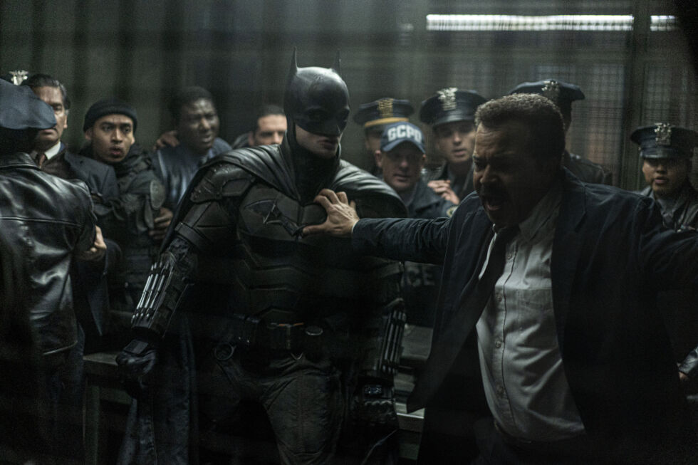 Jeffrey Wright breathes life into the role of Gotham Police Commissioner Gordon, seen here protecting Batman from an enraged police force.
