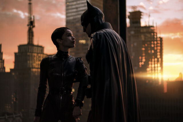 Selina Kyle (Zoë Kravitz) and Batman (Robert Pattinson) lead the long-but-enjoyable proceedings of <em>The Batman</em>.