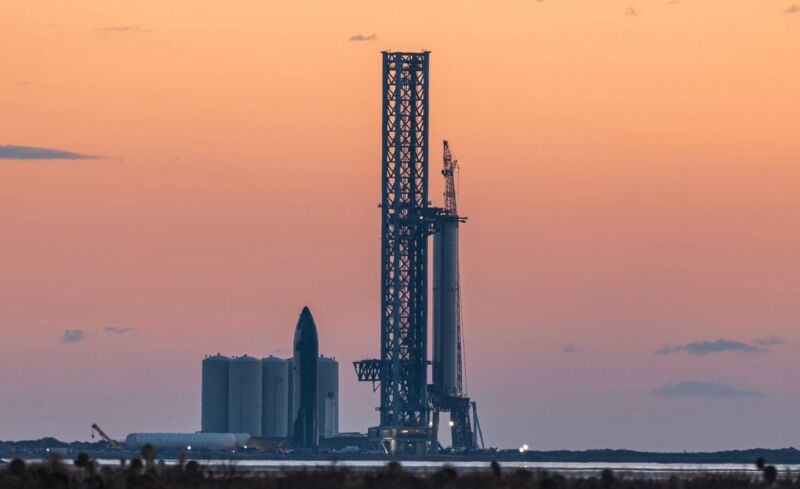 A view of Starbase in South Texas on Tuesday morning, with Ship 20 and Booster 4 ready for stacking.