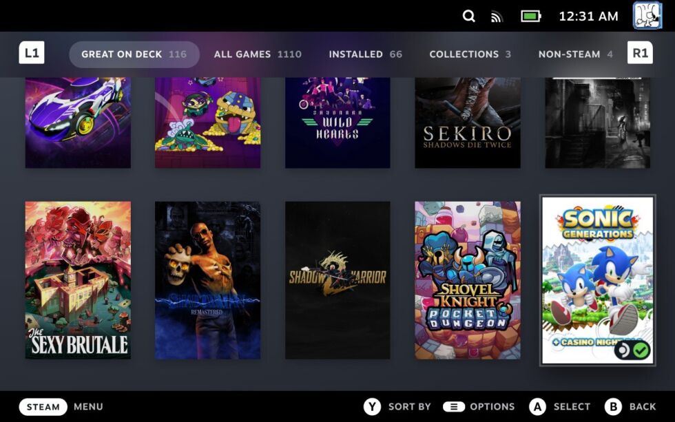 Here is the "Great on Deck" tab of the Steam Deck library interface. I've highlighted <em>Sonic Generations</em> in the bottom-right corner because it is most certainly <em>not</em> great on Deck. This game's PC port is famously unoptimized, and whether you leave the Deck in 60 fps mode or turn on its 30 fps cap, the game will frequently dip into the 10–20 fps range. The Steam Deck doesn't warn you about this.