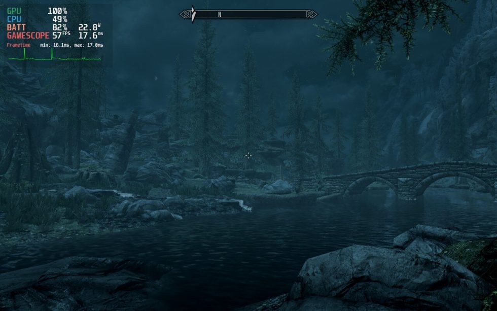 <em>Skyrim</em> on the Deck, running near 60 fps.