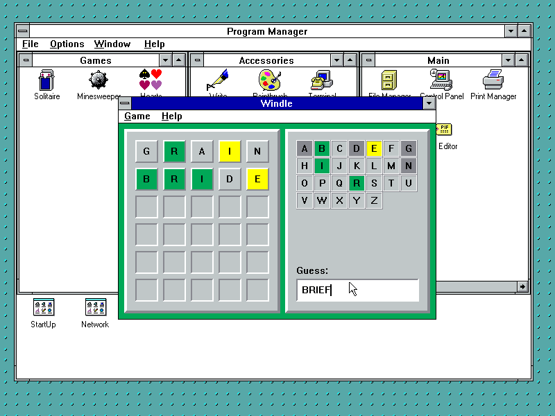 <em>Windle</em> is a clone of <em>Wordle</em> meant to fit in with old Windows games like <em>Minesweeper</em> and <em>Chip's Challenge</em>.