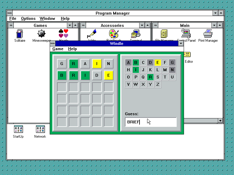 &Lt;Em&Gt;Windle&Lt;/Em&Gt; Est Un Clone De &Lt;Em&Gt;Wordle&Lt;/Em&Gt; Destiné À S’intégrer Aux Anciens Jeux Windows Comme &Lt;Em&Gt;Minesweeper&Lt;/Em&Gt; Et &Lt;Em&Gt;Chip’s Challenge&Lt;/Em&Gt;.