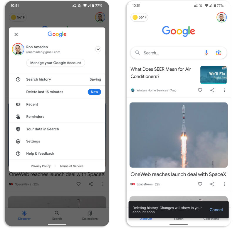 Android’s Google app can now delete the last 15 minutes of search history