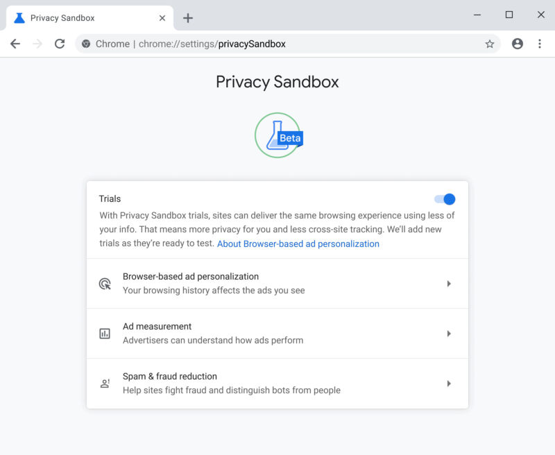 The Privacy Sandbox settings. 