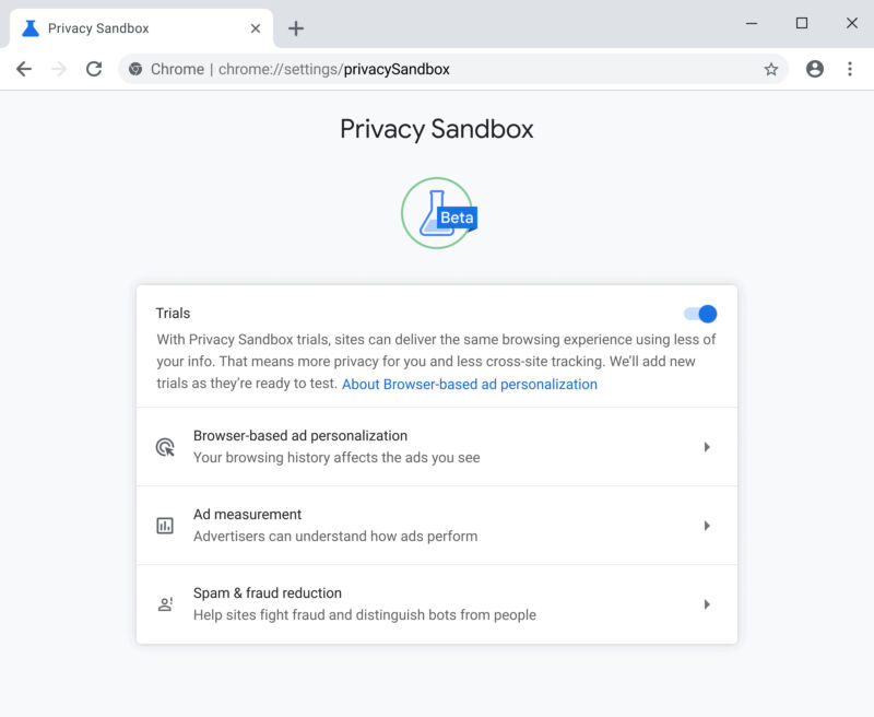 The Privacy Sandbox settings.