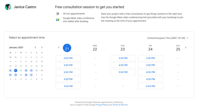 The new "booking page" UI. This is a URL you can create and send to anyone.