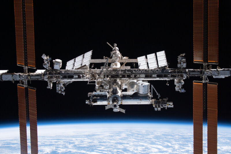 The International Space Station is pictured from the SpaceX Crew Dragon Endeavour during a fly around of the orbiting lab that took place following its undocking on Nov. 8, 2021. 