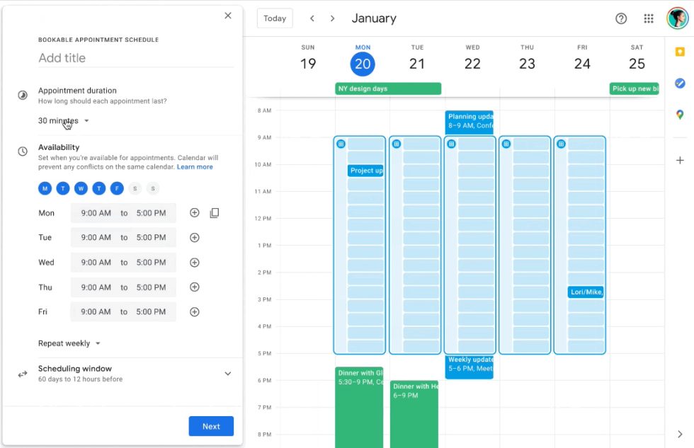 The booking page creation UI. 