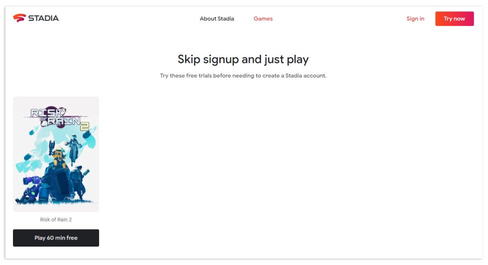 Stadia's weirdly empty account-free demo page. It doesn't quite work yet but should in