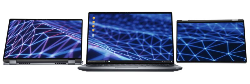Promotional image of cutting-edge laptop in multiple setups.