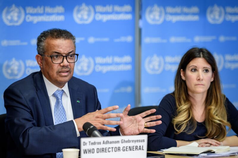 World Health Organization (WHO) Director-General Tedros Adhanom Ghebreyesus (L) and WHO Technical Lead Maria Van Kerkhove attend a daily press briefing on COVID-19 at the WHO headquarters on March 2, 2020, in Geneva.