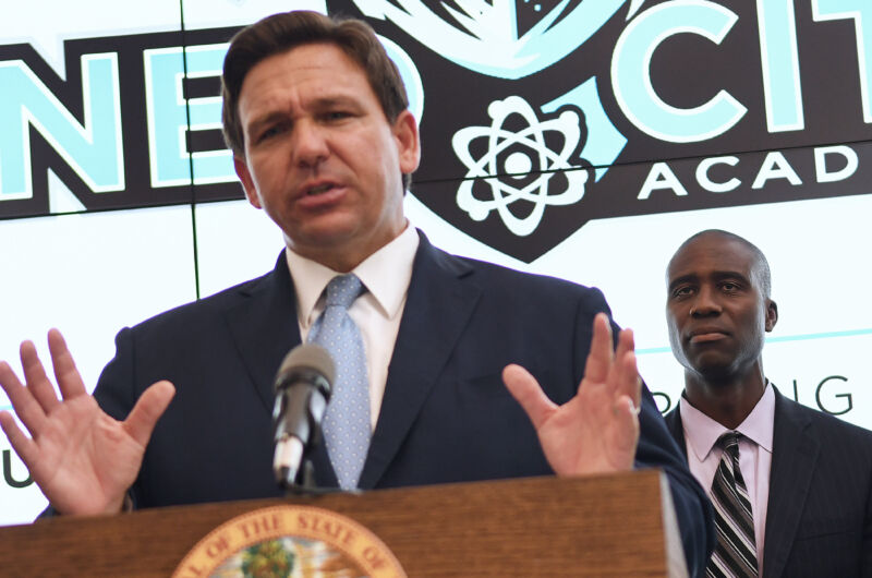 Florida Gov. Ron DeSantis speaks during a press conference before newly appointed state Surgeon General Dr. Joseph Ladapo at Neo City Academy in Kissimmee, Florida.