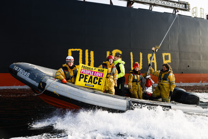 Activists from the environmental organization Greenpeace demonstrate in the Baltic Sea in front of a ship carrying Russian oil on March 23, 2022.