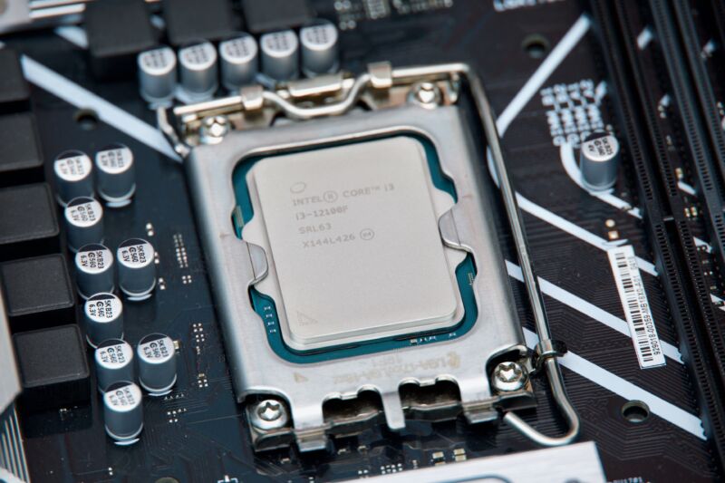 An Intel Core i3-12100F processor in a motherboard.
