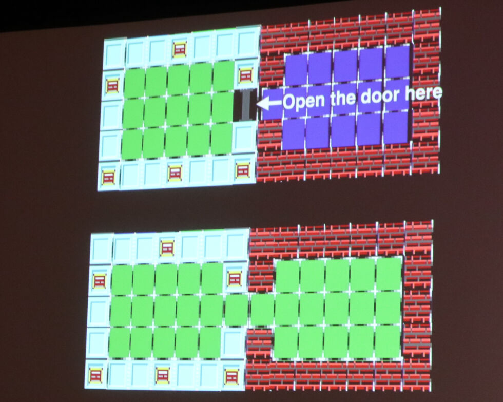 Romero explains that <em>W3D</em>'s floor tiles were "blank," at least in terms of visual data. This gave id Software flexibility to assign a tag of some kind to those tiles, and the designers settled on "sound zones." If a gunshot or attack occurred on a tile connected to others, that would make any other connected enemy "hear" the sound and move toward it according to each enemy's assigned AI routine. A shut door would leave a monster closet intact until it was opened, as the above image demonstrates. Yet Romero clarifies that a few levels include "devious" sound-zone placement that would make an end-of-level enemy hear you much farther away. Players would hear the faint sounds of doors opening and closing as the distant, aware enemy narrowed in on your position. This sound-driven terror was wholly intentional on Romero's part.