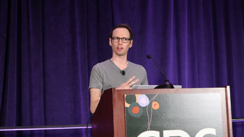 Josh Wardle speaks at the 2022 Game Developers Conference in San Francisco about his gaming sensation <em/>Wordle.