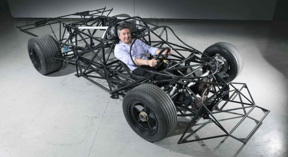 The Icon Engineering space frame is a little over twice as heavy as the original Porsche chassis since it's made with much stronger steel tubing. But you can see how far forward Dave Eaton's feet are from the front axle.