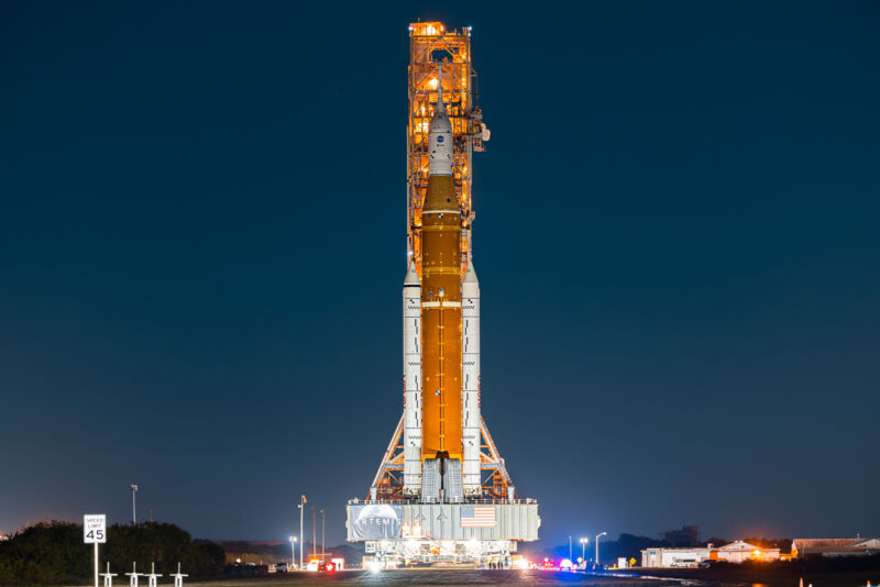 The Space Launch System rocket is seen on its launch pad, LC-39B, in Florida.