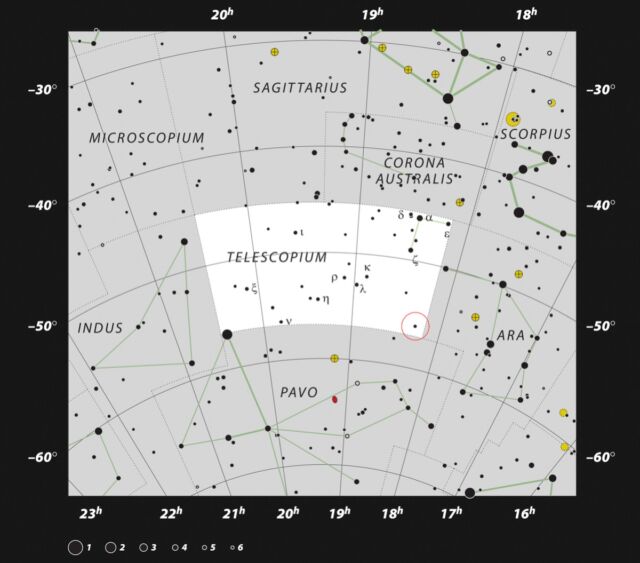Location of HR 6819 in the constellation of Telescopium.