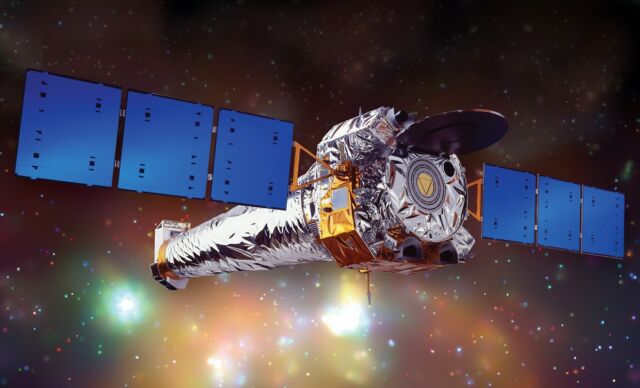 Illustration of the space-based Chandra X-ray Observatory, the most sensitive X-ray telescope ever built.