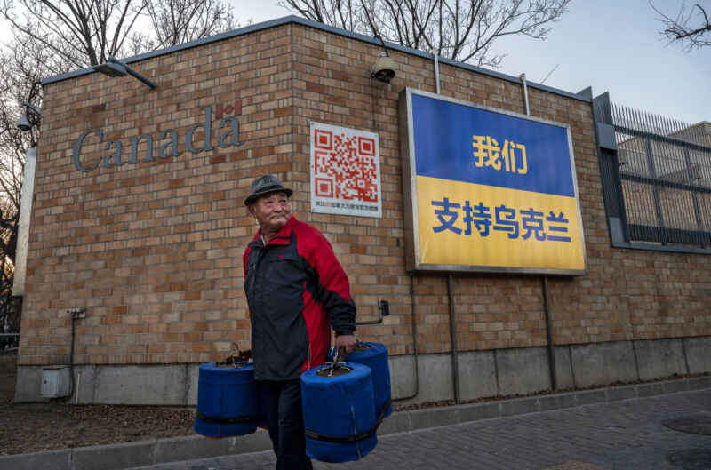 A sign outside Canada's embassy in Beijing supporting Ukraine. It was later defaced, and posts about the incident were scrubbed from Chinese social media. 