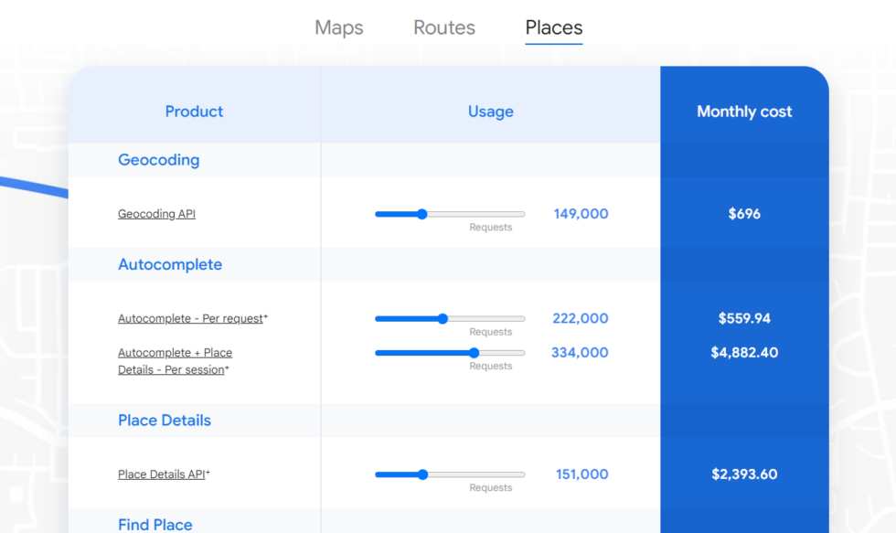 La calculadora de precios de Google Maps Platform.  Esto continúa por páginas.
