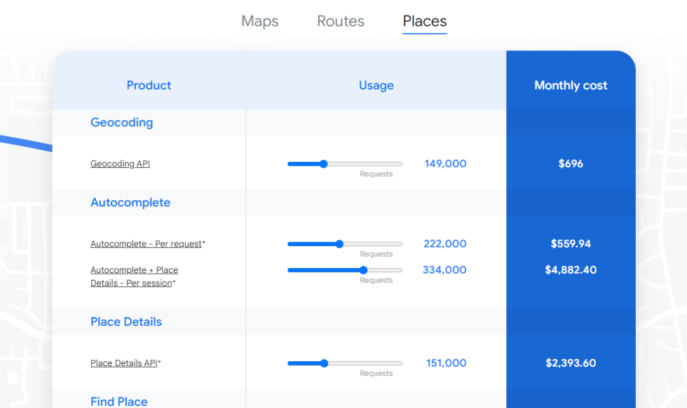 Le Calculateur De Prix Google Maps Platform. Cela Continue Pour Les Pages.