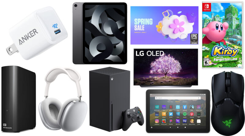 A collage of electronic consumer goods against a white background.