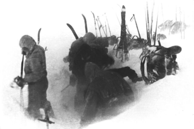 Film recovered from the scene includes the last photograph taken by Dyatlov's team: team members cut the snow slope to erect their tent.
