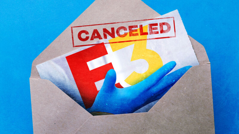 An invitation to E3 spills out of an open envelope, but it has been marked canceled.
