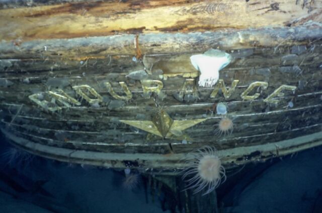 This is the stern of the good ship <em>Endurance</em>, which sank off the coast of Antarctica in 1915 after being crushed by pack ice. An expedition located the shipwreck in pristine condition in 2022 after nearly 107 years. 