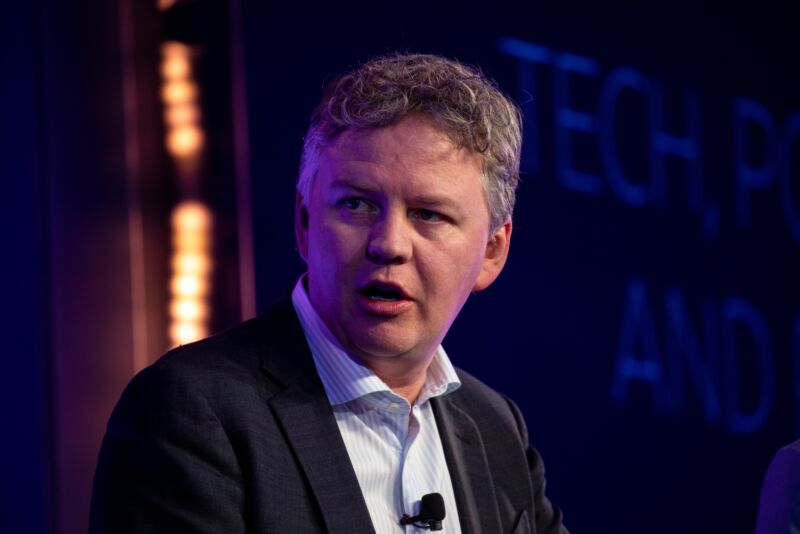 Cloudflare CEO Matthew Prince speaking on stage at a technology conference.