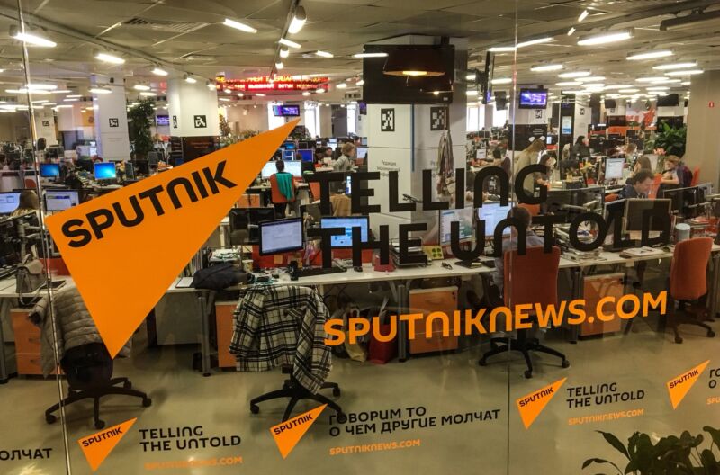 Many desks and computers seen in Sputnik's newsroom in Moscow.