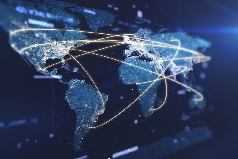 World map with glowing lines to represent how countries are connected by the global Internet.