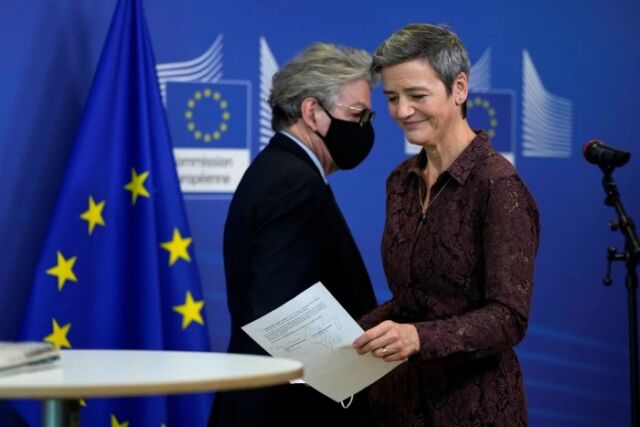 Margrethe Vestager, right, the EU’s competition commissioner, who has handed out roughly €10 billion in fines to Google over a decade, and Thierry Breton, who has been instrumental in drawing up the tough new rules against large tech companies. 