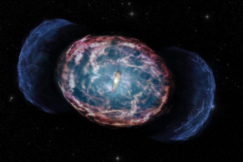 Artist's representation of the merger of two neutron stars to form a black hole (hidden within bright bulge at center of image). The merger generates opposing high-energy jets of material (blue) that heat up material around the stars, making it emit X-rays (reddish clouds). 