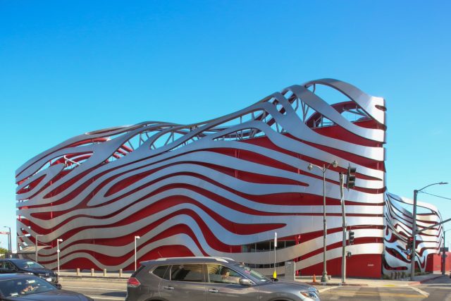 An exterior view of the Peterson Automotive museum on Wilshire Boulevard in Los Angeles, California.