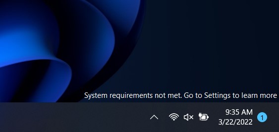 The watermark you'll begin seeing on unsupported PCs. A similar "requirements not met" message will also appear in the Settings app.