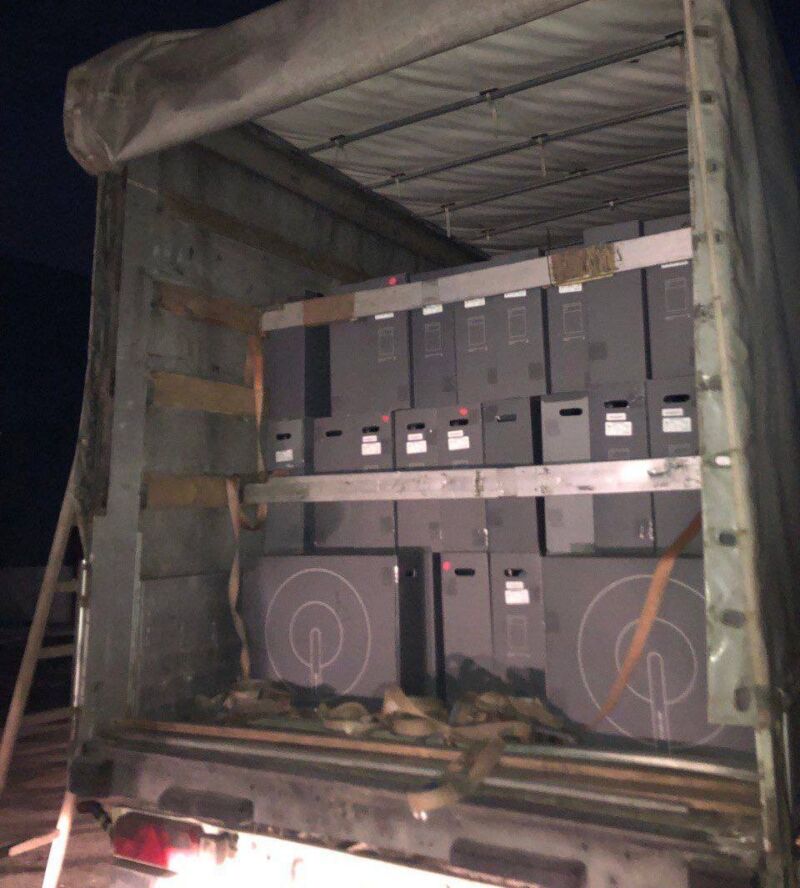Boxes of Starlink terminals in the back of a truck in Ukraine.