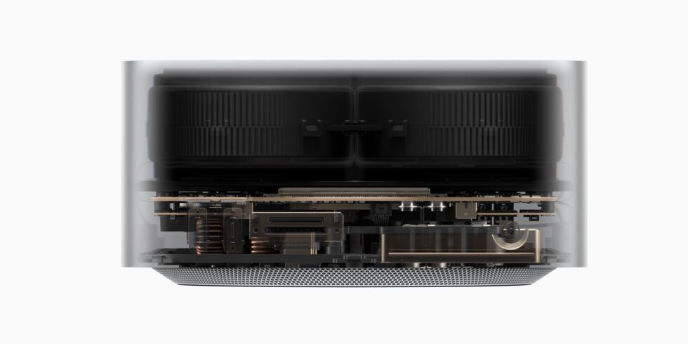 Assuming these renders are reasonably accurate, the "computer" part of the Mac Studio is that thin board wedged between the power supply on the bottom and the heatsink and cooling fans on top. 